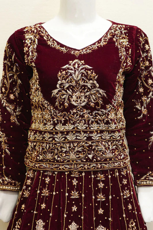 Royal Maroon Velvet Elegance Lehenga – Noorangi – Velvet