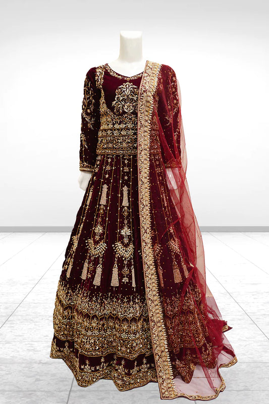 Royal Maroon Velvet Elegance Lehenga – Noorangi – Velvet