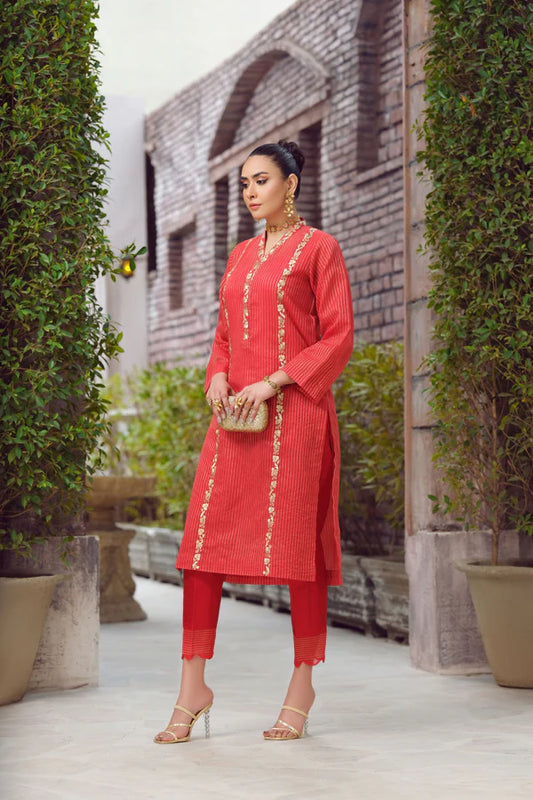 RED Stripe Embroidered Kurta -EP2 – Noorangi – Swiss Lawn