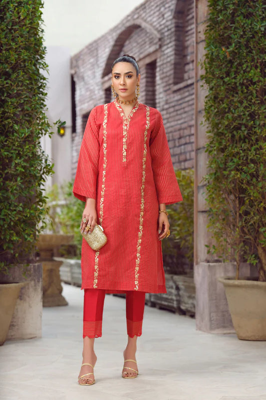 RED Stripe Embroidered Kurta -EP2 – Noorangi – Swiss Lawn